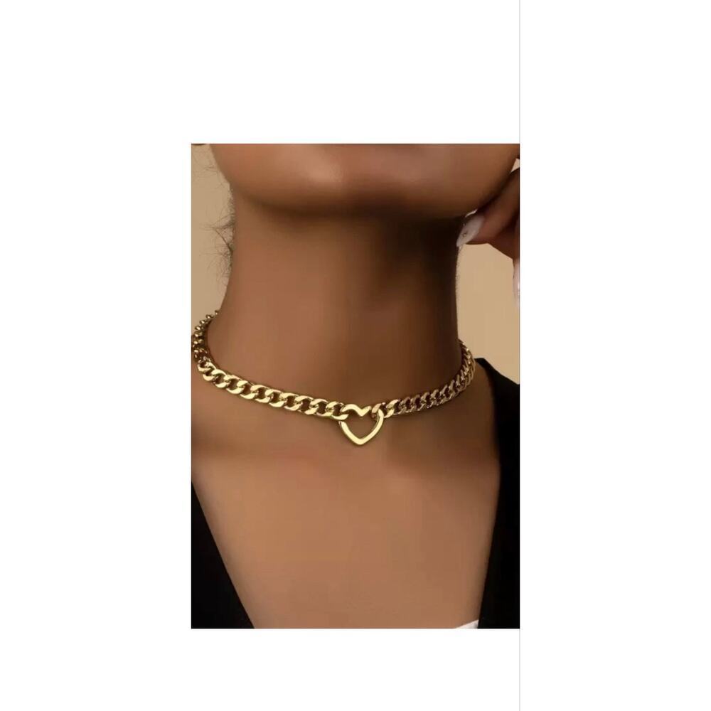Cuban Chain Heart Choker Neecklace Gold Plate w/ extender